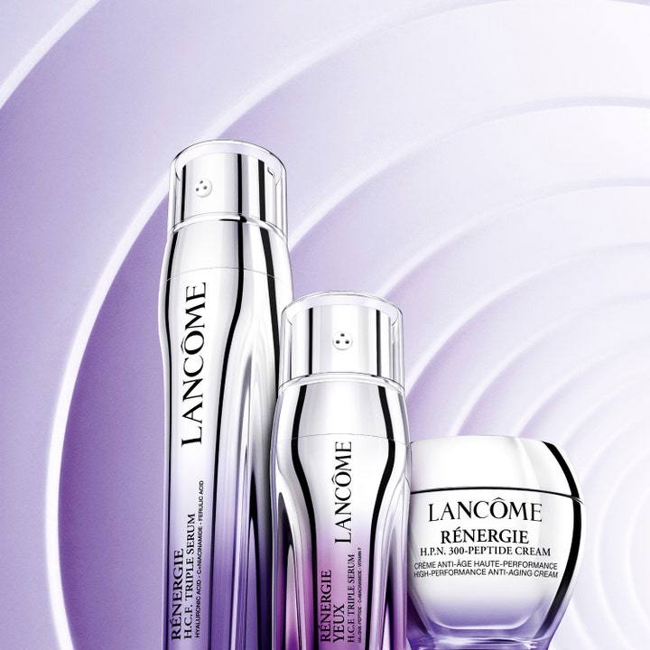 Lancôme Rénergie H.C.F. Triple Serum Eye 20 ml anti-age øyeserum i sølvflaske vist med matchende produkter i serien