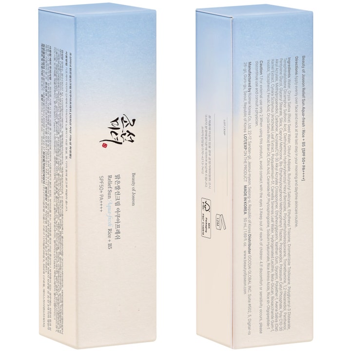 Beauty of Joseon Relief Sun Aqua Fresh 50 ml solkrem for ansiktet i lyseblå og hvit eske med SPF 50+ og Rice + B5.