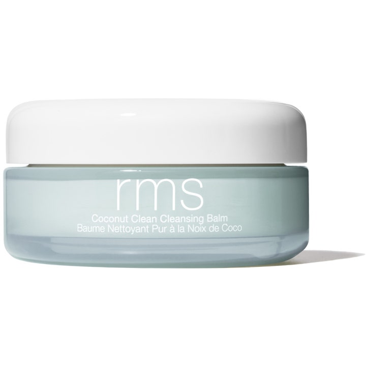 RMS Coconut Clean Cleansing Balm fuktighetsgivende rens i frostet lyseblå krukke med hvitt lokk