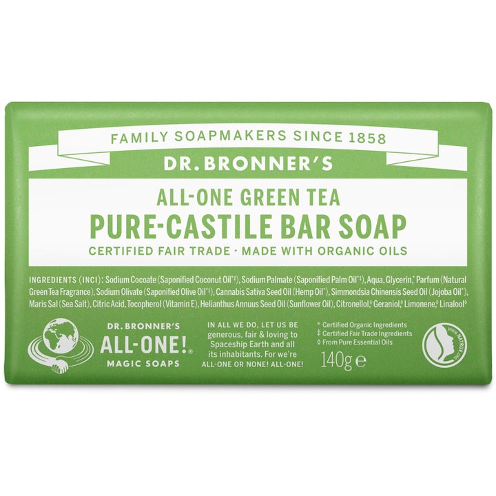 Dr. Bronner's All-One Green Tea Pure-Castile Bar Soap 140g økologisk fast såpe i grønn papiremballasje med hvit tekst.