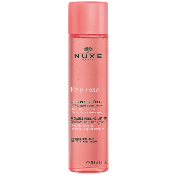 Nuxe Very Rose Radiance Peeling Lotion 150 ml eksfolierende toner for glød i gjennomsiktig rosa flaske med rosa kork