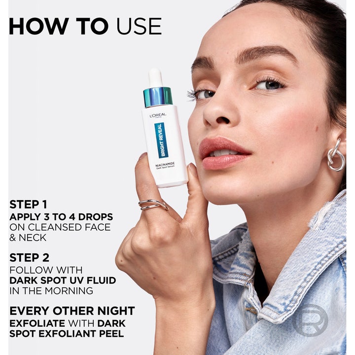 L'Oréal Paris Bright Reveal Dark Spot Serum 30 ml mot pigmentflekker vist med bruksanvisning og modell