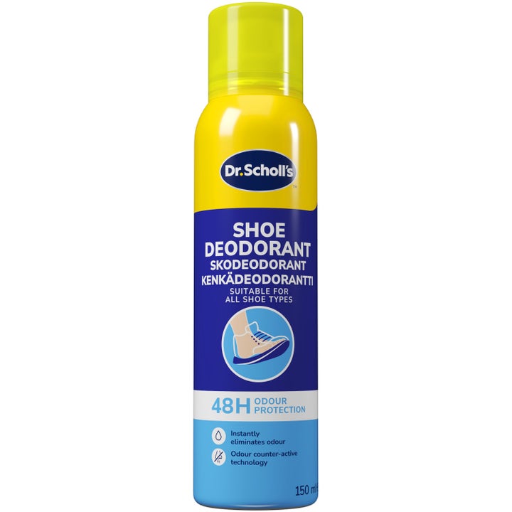 Dr. Scholl's Shoe Deodorant 150 ml skodeodorant fjerner lukt umiddelbart i en gul sprayboks med gult lokk