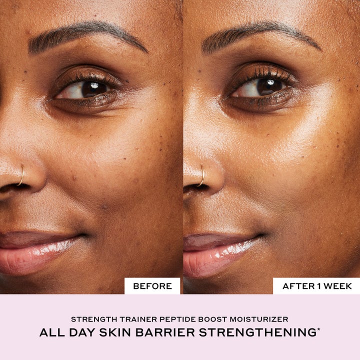 Ole Henriksen Strength Trainer Peptide Boost Moisturizer 50 ml ansiktskrem før og etter én ukes bruk.