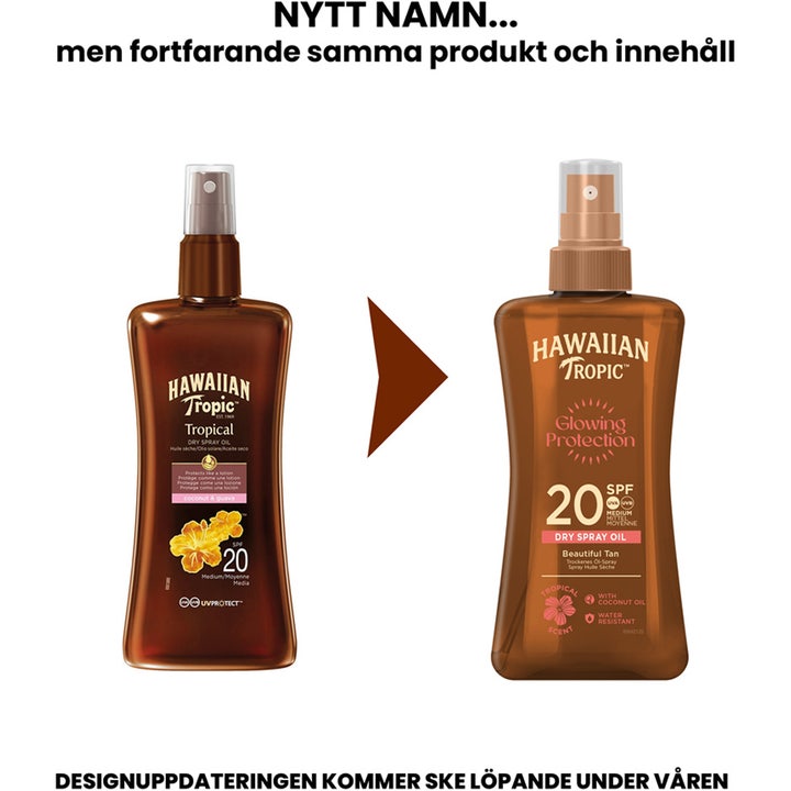 Hawaiian Tropic Glowing Protection Dry Spray Oil 200 ml sololje viser gammelt og nytt flaskedesign med SPF 20