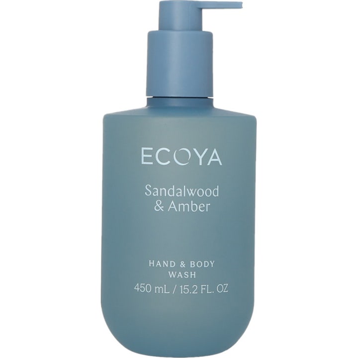 Ecoya Sandalwood & Amber 450 ml rensende kroppssåpe i blå flaske med praktisk pumpedispenser