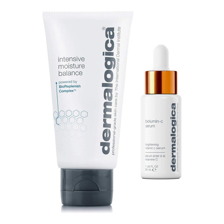 Dermalogica Intensive Moisture Balance og Biolumin-C Serum fuktighetssett i hvit tube og glassflaske med gulldetalj.