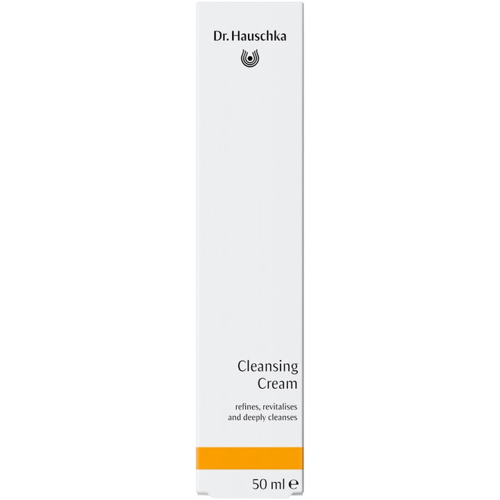 Dr. Hauschka Cleansing Cream 50 ml forfinende ansiktsrengjøring i hvit kartongeske med signatur gul stripe