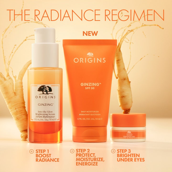 Origins Ginzing SPF30 Daily Moisturizer 50 ml solkrem for ansiktet i en tre-trinns rutine for glød med ginsengrøtter.