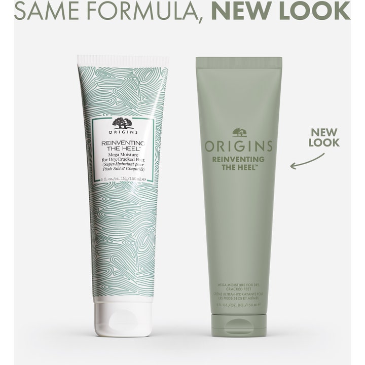 Origins Reinventing The Heel 150 ml fotkrem for tørre føtter som viser gammel og ny tube med teksten New Look.