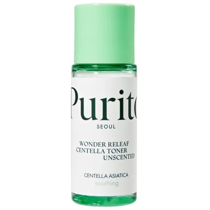 Purito Seoul Wonder Releaf Centella Toner Unscented 200ml beroligende toner i klar plastflaske med lysegrønn kork