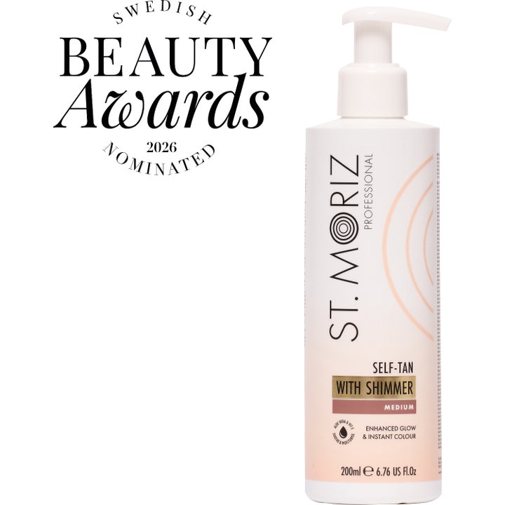 St Moriz Pro Insta-Grad Shimmer Tan Medium 200 ml selvbruning som gir glød i hvit pumpeflaske med Beauty Awards merke