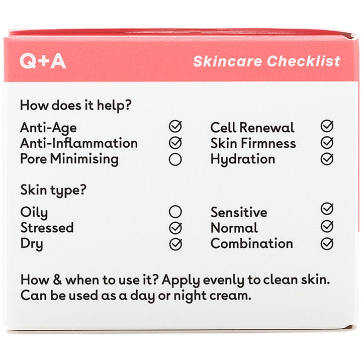 Q+A Collagen Face Cream 50 g ansiktskrem med sjekkliste på esken som viser egenskaper for anti-age og fuktighet.