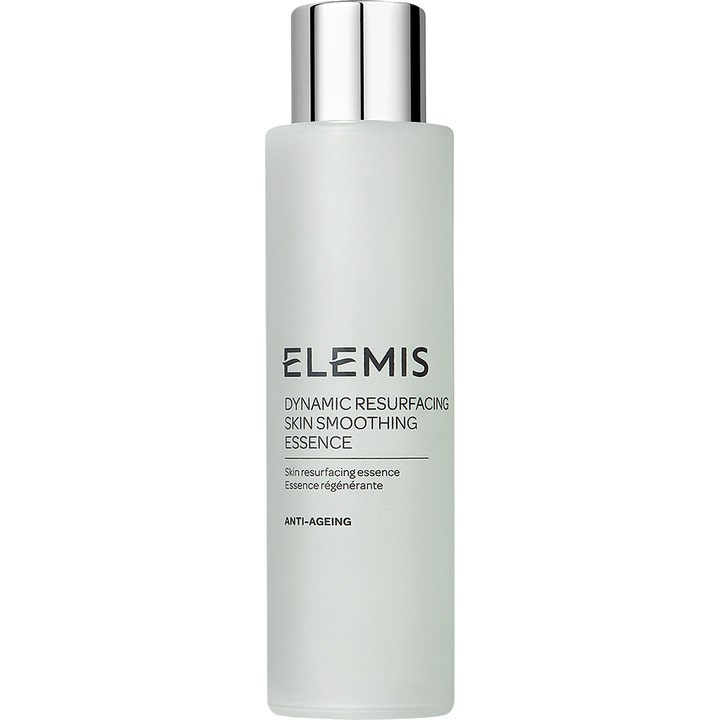 Elemis Dynamic Resurfacing Skin Smoothing Essence anti-ageing ansiktsessens i frostet hvit flaske med sølvlokk.