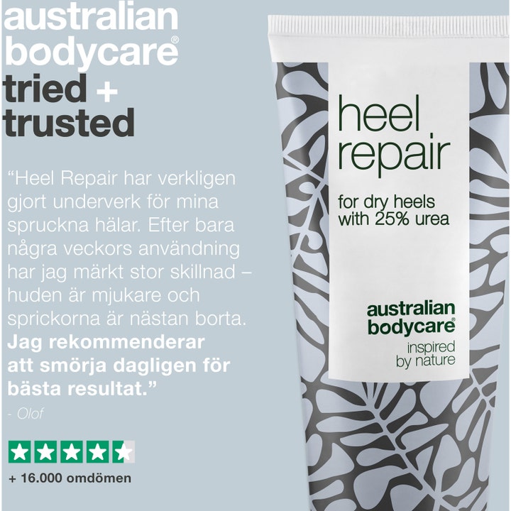 Australian Bodycare Heel Repair 100 ml fotkrem mot sprukne hæler i hvit tube med bladmønster og kundeomtale