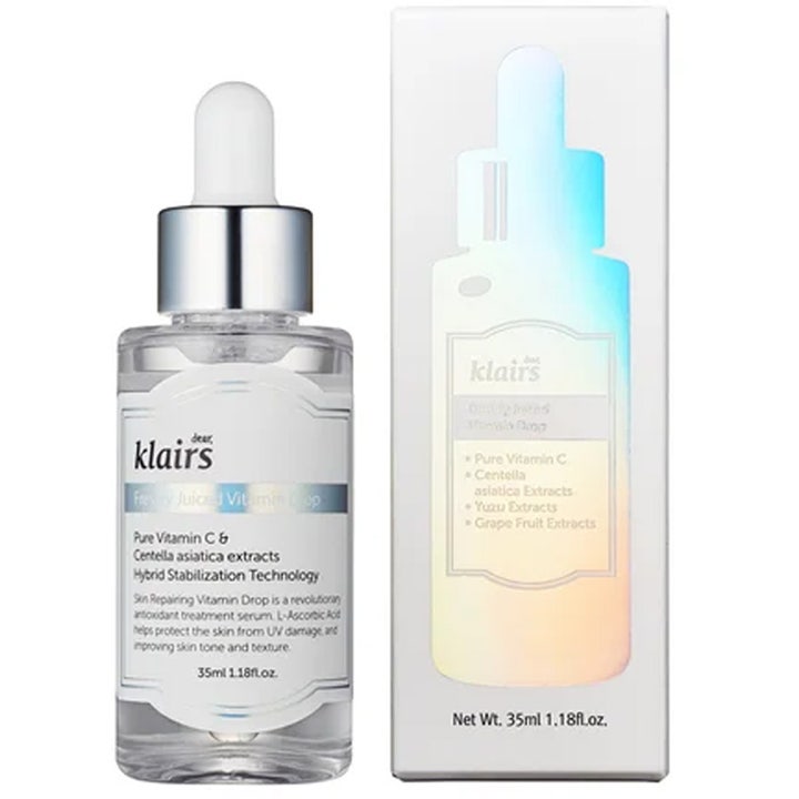 Klairs Freshly Juiced Vitamin Drop 35ml glødgivende vitamin C serum i klar glassflaske med sølvkork og hvit eske