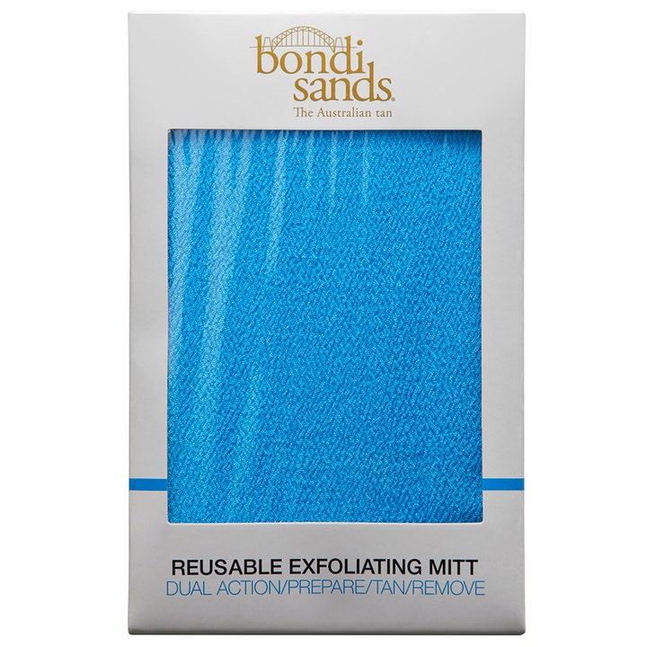 Bondi Sands Reusable Exfoliating Mitt gjenbrukbar eksfolieringsvott for selvbruning i hvit eske med blå teksturert vott.