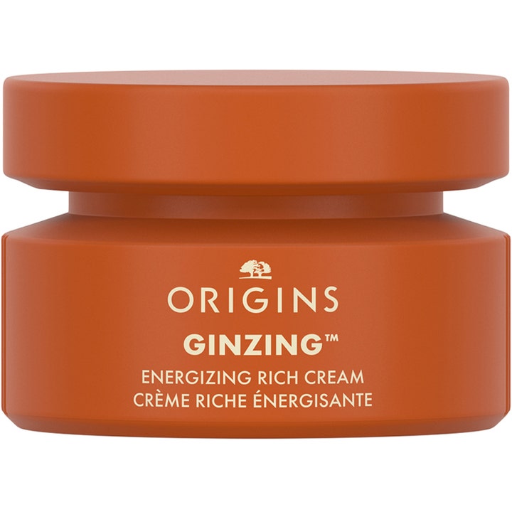 Origins GinZing Energizing Rich Cream energigivende ansiktskrem i en matt oransje krukke med hvite detaljer.