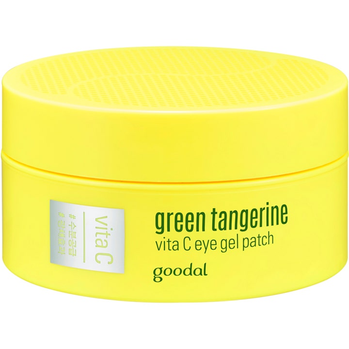 Goodal Green Tangerine Vita C Eye Gel Patch 60 stk gir glød i en rund, knallgul krukke med grønn tekst.