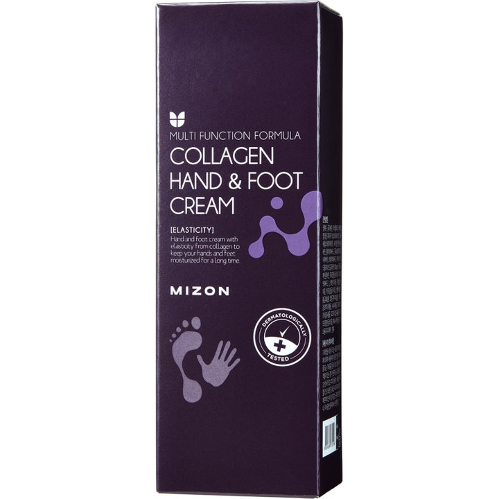 Mizon Hand And Foot Cream Collagen 100 ml fuktighetsgivende krem i lilla eske med hvite ikoner av hånd og fot.