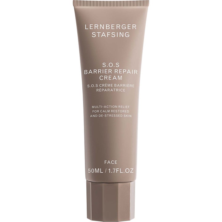 Lernberger Stafsing S.O.S Barrier Repair Cream 50 ml beroligende ansiktskrem i beige tube med sølvfarget kork.