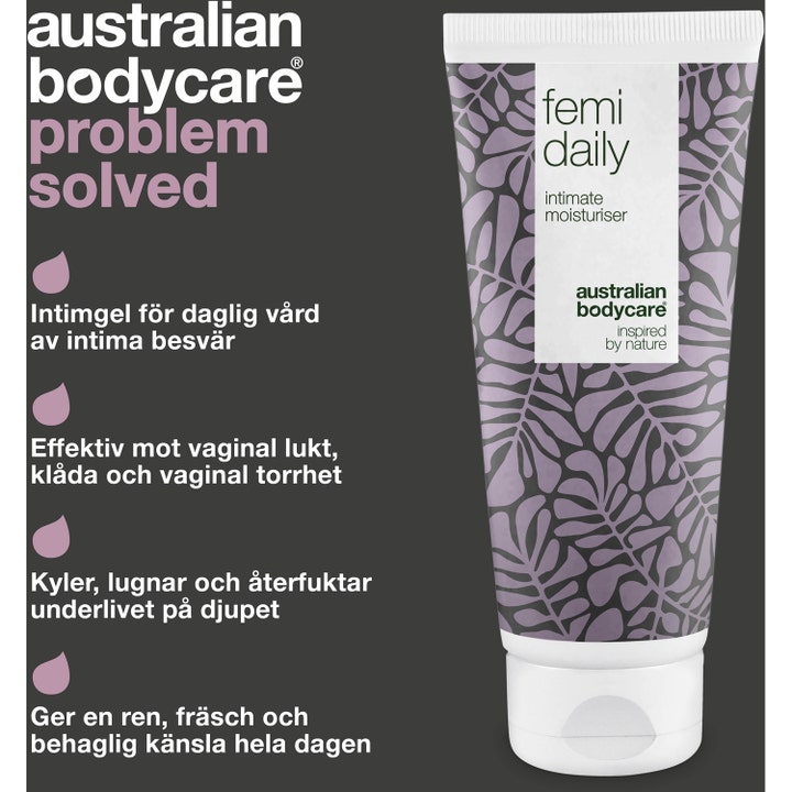 Australian Bodycare Femi Daily 200 ml intimpleie mot lukt og kløe i hvit og lilla tube med bladmønster