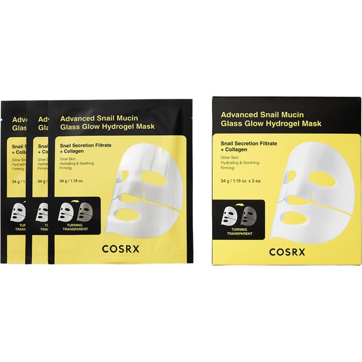COSRX Advanced Snail Mucin Glass Glow Hydrogel Mask 3 x 34 g fuktighetsgivende ansiktsmaske i gul og svart forpakning