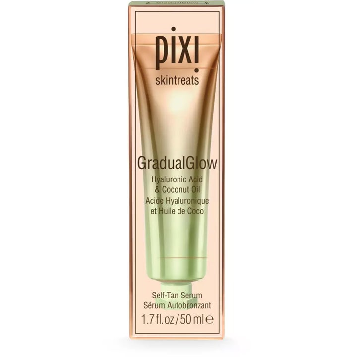 Pixi GradualGlow Self Tan Serum 50 ml brun uten sol i eske med hyaluronsyre og kokosolje som gir fukt og glød.