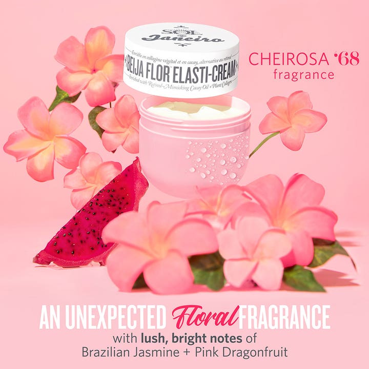 Sol de Janeiro Beija Flor Elasti Cream 240 ml fuktighetsgivende body lotion i rosa krukke med jasmin og dragefrukt.