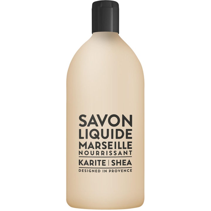 Savon de Marseille Nourrissant Karite Shea 1000ml flytende såpe gir pleie i en beige flaske med sort kork