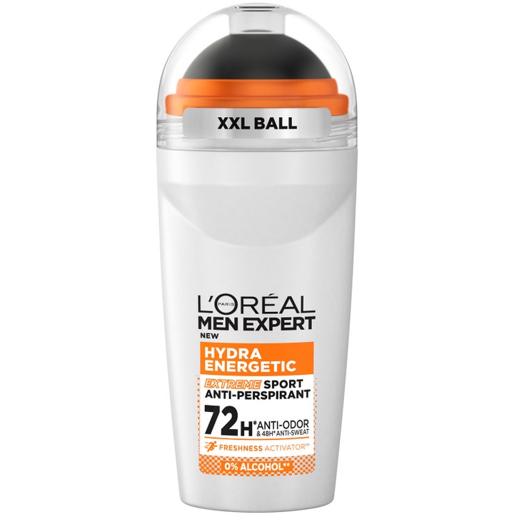 L'Oréal Men Expert Hydra Energetic Extreme Sport 50ml roll-on deodarant i hvit beholder med stor svart kule.