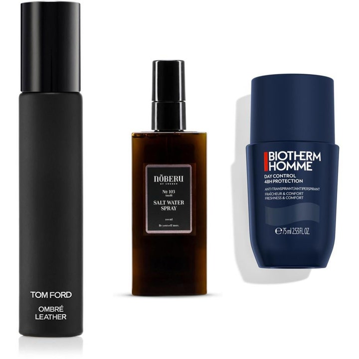 Tom Ford gavesett med Ombré Leather, Nõberu saltvannsspray og Biotherm Homme deodorant i mørke flasker