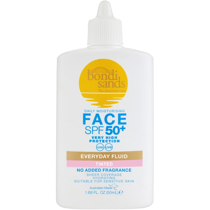 Bondi Sands Face SPF 50+ Everyday Fluid Tinted 50ml fuktgivende farget solkrem i hvit plastflaske med gul logo