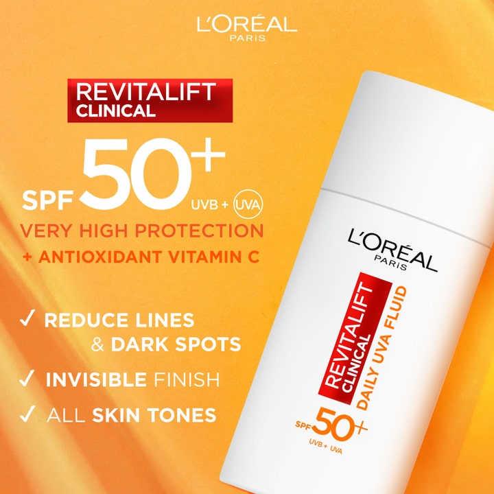 L'Oréal Paris Revitalift Clinical Daily UVA Fluid 50 ml solkrem med SPF 50+ og vitamin C som motvirker mørke flekker.
