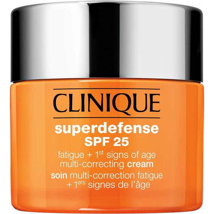 Clinique Superdefense SPF 25 Multi-Correcting Cream ansiktskrem mot tretthetstegn i oransje krukke med sølvlokk