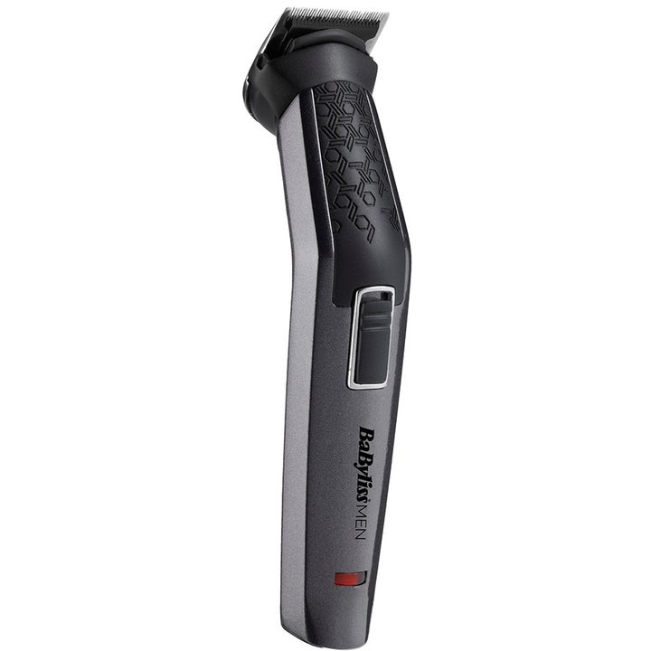 BaBylissMEN Skjeggtrimmer gir presis trimming med sin ergonomiske grå og sorte kropp og mønstrede gripeflate.