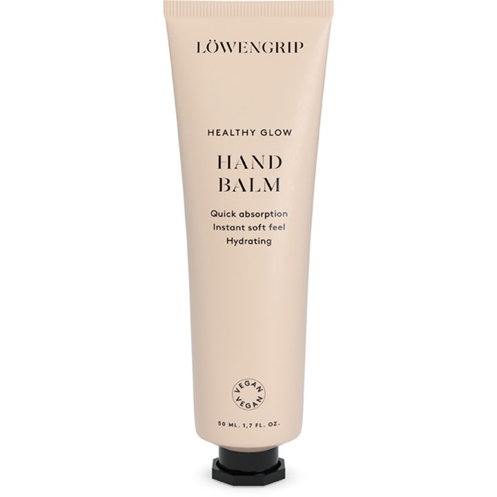 Löwengrip Healthy Glow Hand Balm 50 ml fuktighetsgivende håndkrem i beige tube med svart åttekantet skrukork