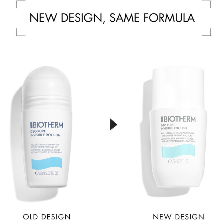 Biotherm Deo Pure Invisible Roll-On 75 ml motvirker hvite merker og viser nytt design ved siden av gammelt design