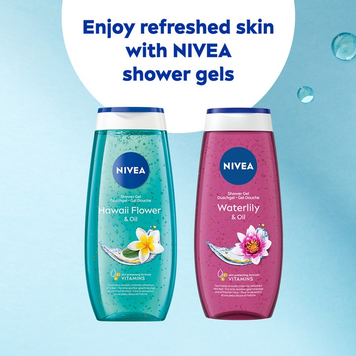 NIVEA Caring Shower Gel 250 ml oppfriskende dusjsåpe med vitaminer vist i turkis og rosa flaske med blomstermotiv