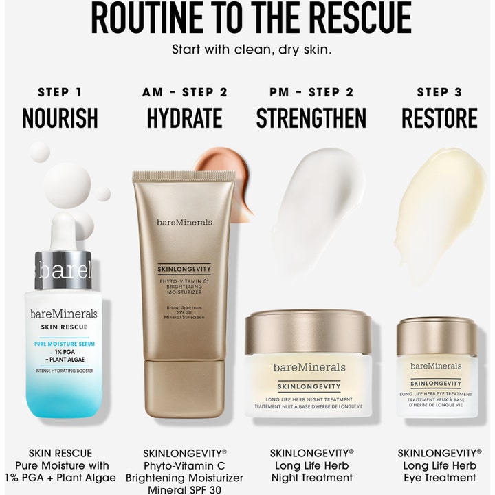 bareMinerals Skin Rescue Pure Moisture Serum 30 ml fuktighetsgivende hudpleierutine med fire produkter