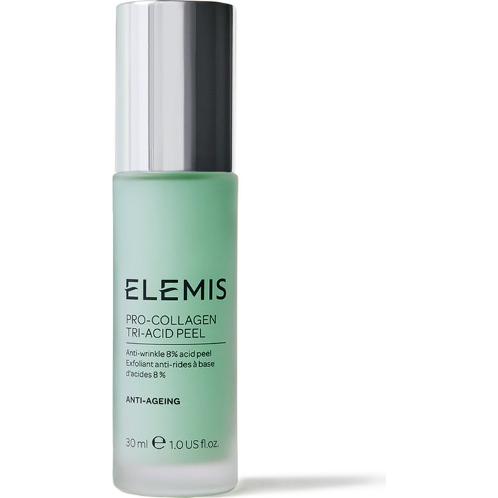 Elemis Pro-Collagen Tri-Acid Peel 30 ml anti-ageing peeling i frostet glassflaske med sølvfarget kork og grønt innhold