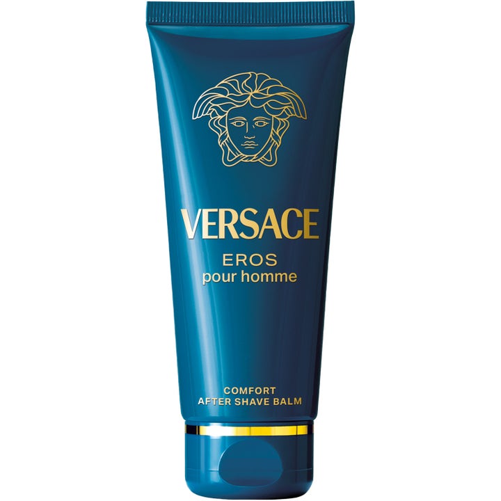 Versace Eros Pour Homme 100 ml After Shave Balm i en dyp blå tube med gullfarget Medusa-logo og skrift.