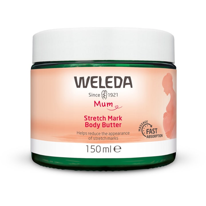Weleda Mum Stretch Mark Body Butter 150 ml mot strekkmerker i grønn glasskrukke med hvitt lokk og ferskenfarget etikett