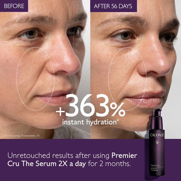 Caudalie Premier Cru The Serum 30 ml ansiktsserum i lilla flaske med før- og etterresultat som viser +363% fuktighet.