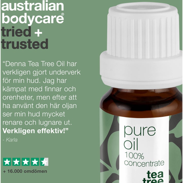 Australian Bodycare Pure Oil 10 ml konsentrert tea tree olje mot urenheter i brun glassflaske og kundeanmeldelse