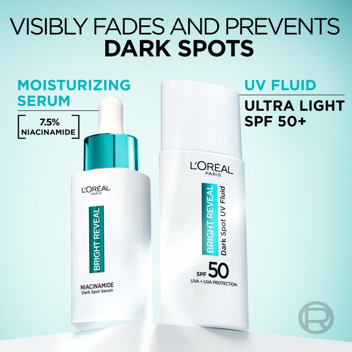 L’Oréal Paris Bright Reveal 30 ml fuktighetsgivende serum med 7,5 % niacinamid og lett UV-fluid med SPF 50+