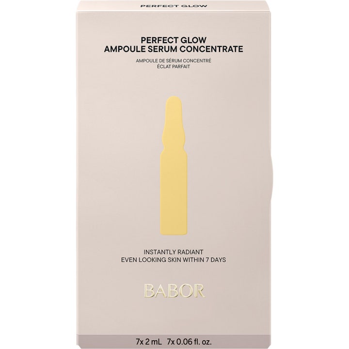 Babor Ampoule Concentrates Perfect Glow 14 ml hudserum i beige eske med gul ampulle som skaper glød og utstråling.