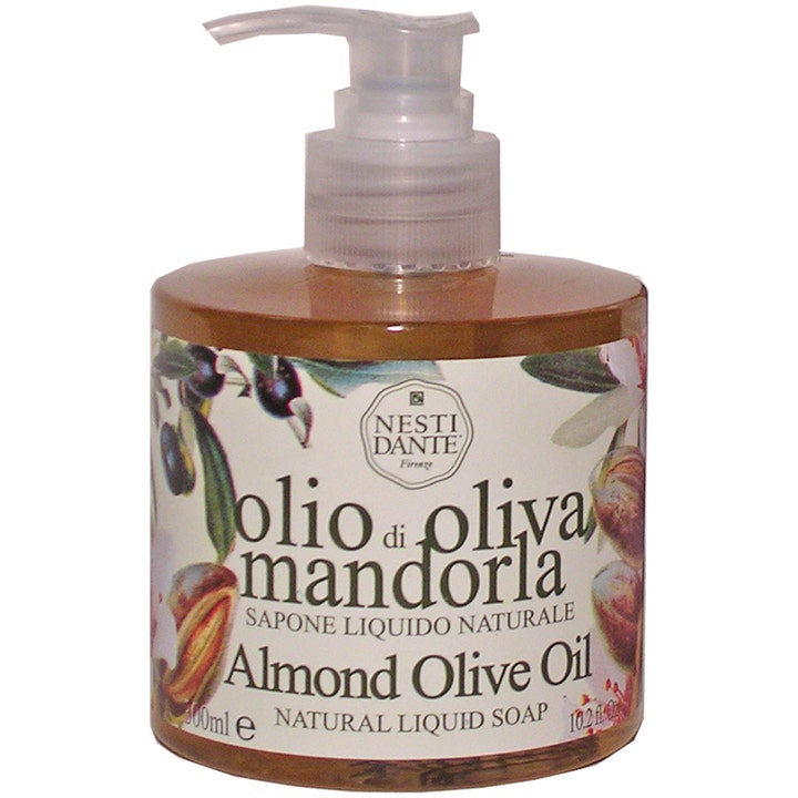 Nesti Dante Olio di Oliva Mandorla 500 ml naturlig flytende såpe i pumpeflaske med gyllen væske og botanisk dekor