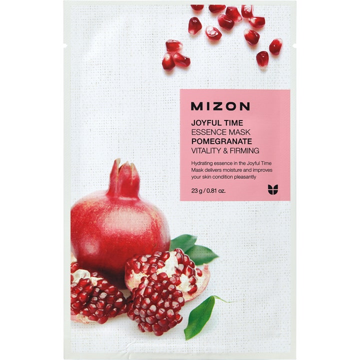 Mizon Joyful Time Essence Mask Pomegranate 23 g arkmaske gir huden vitalitet og fasthet med motiv av granatepler.
