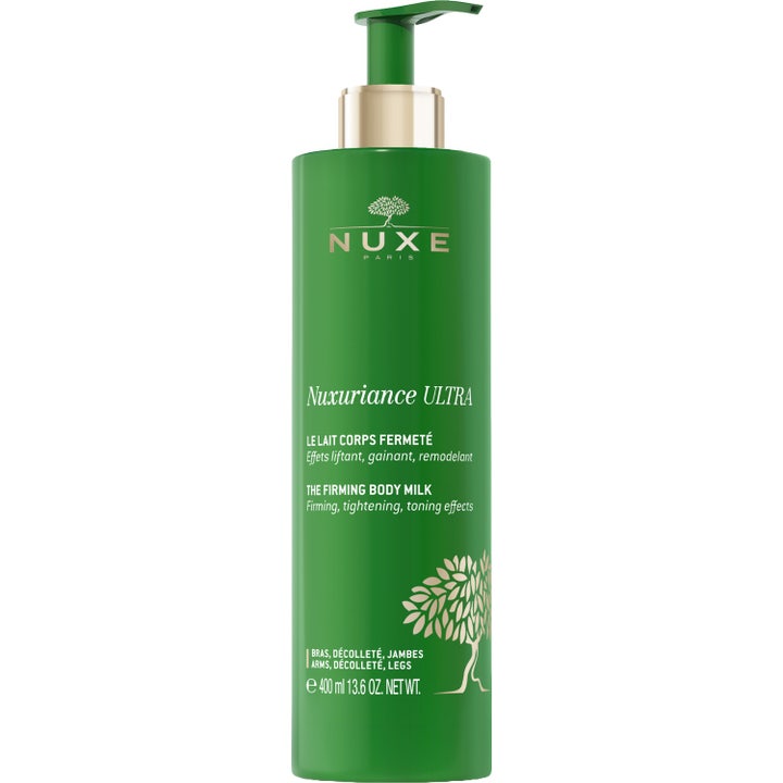 Nuxe Nuxuriance Ultra 400 ml oppstrammende kroppsmelk i grønn pumpeflaske med gullfargede detaljer.